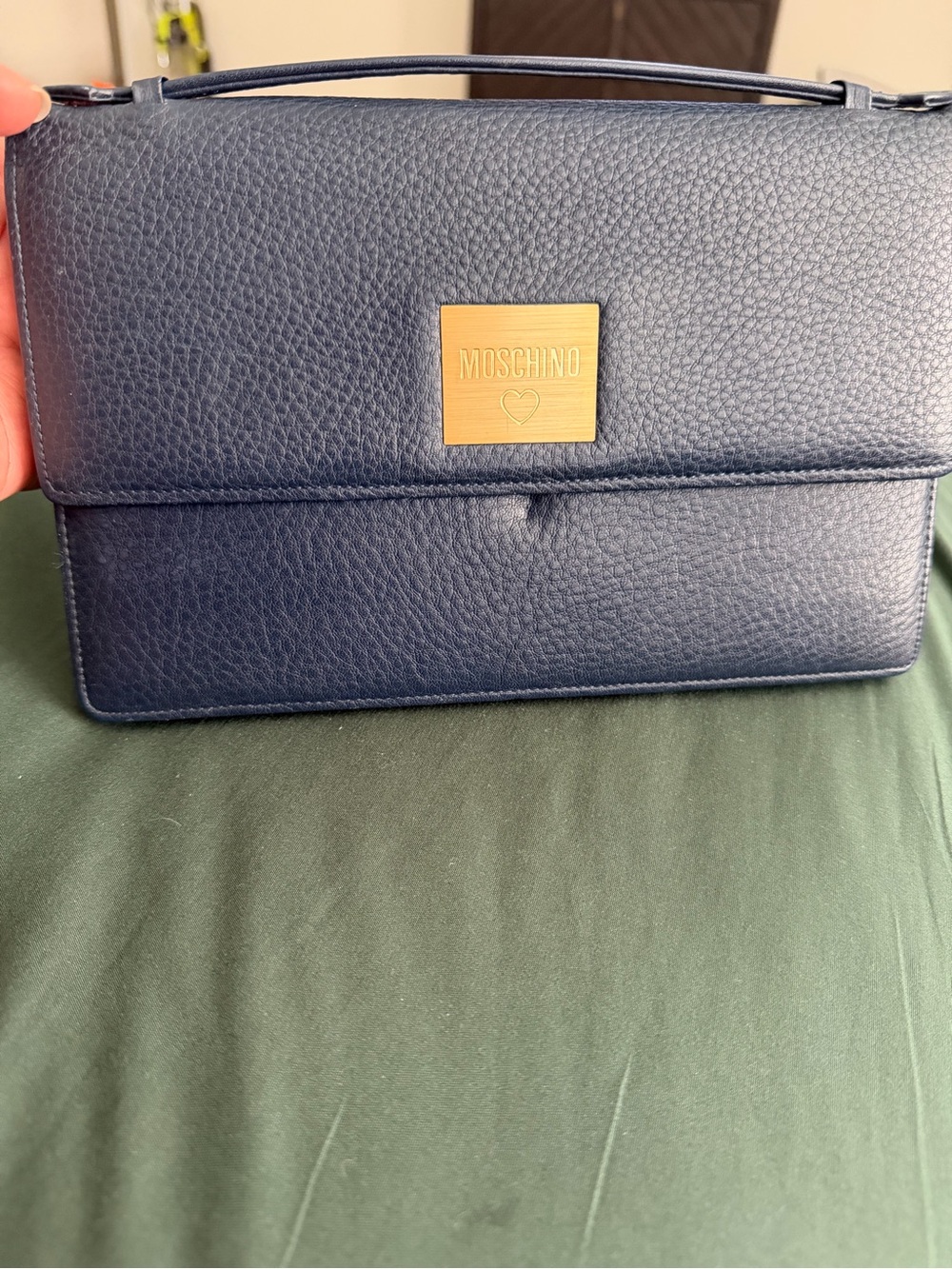 Moschino Navy Leather Crossbody with Gold Logo Plaque
